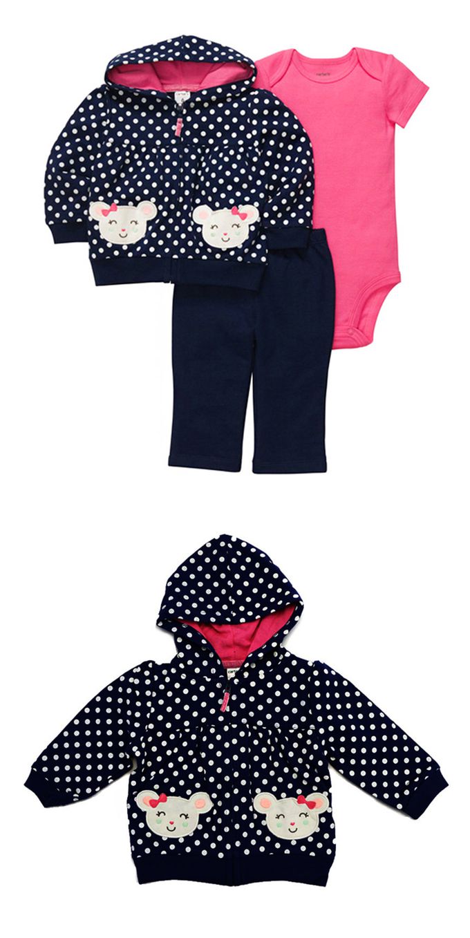 美國 Carter's - 小老鼠貼布點點連帽外套+短袖包屁衣+長褲3件組