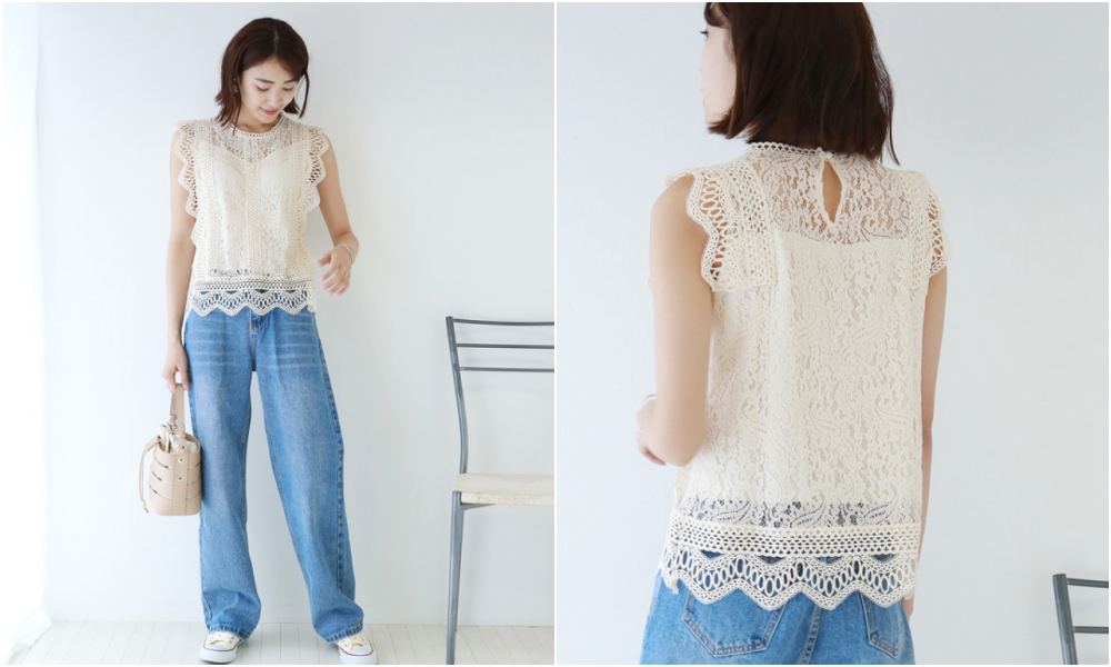 日本 BLUE EAST - 雕花鏤空蕾絲無袖上衣-杏