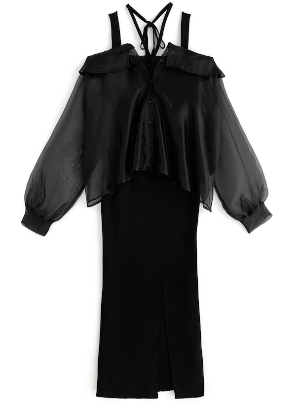 日本 GRL - 浪漫透膚吊帶針織兩件式洋裝-淺灰棕