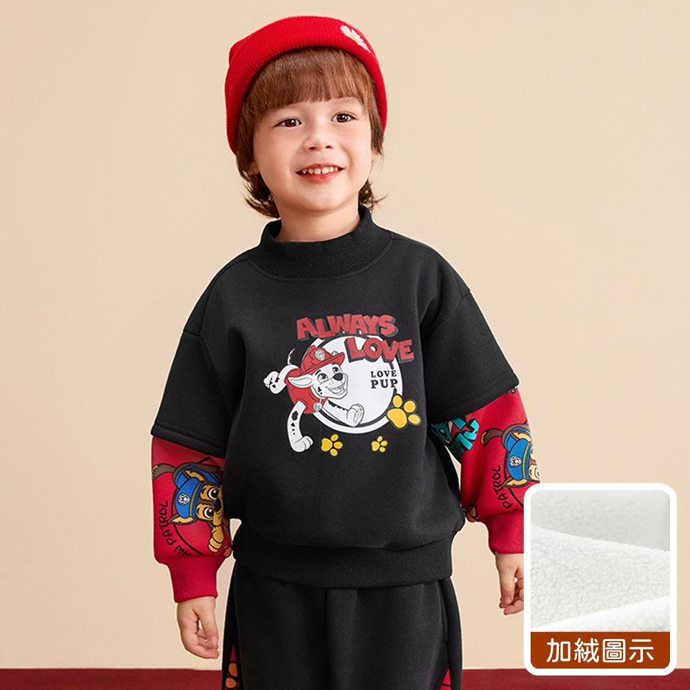 卡通汪汪隊加絨半高領假兩件長袖上衣-卡通人物毛毛-黑x紅
