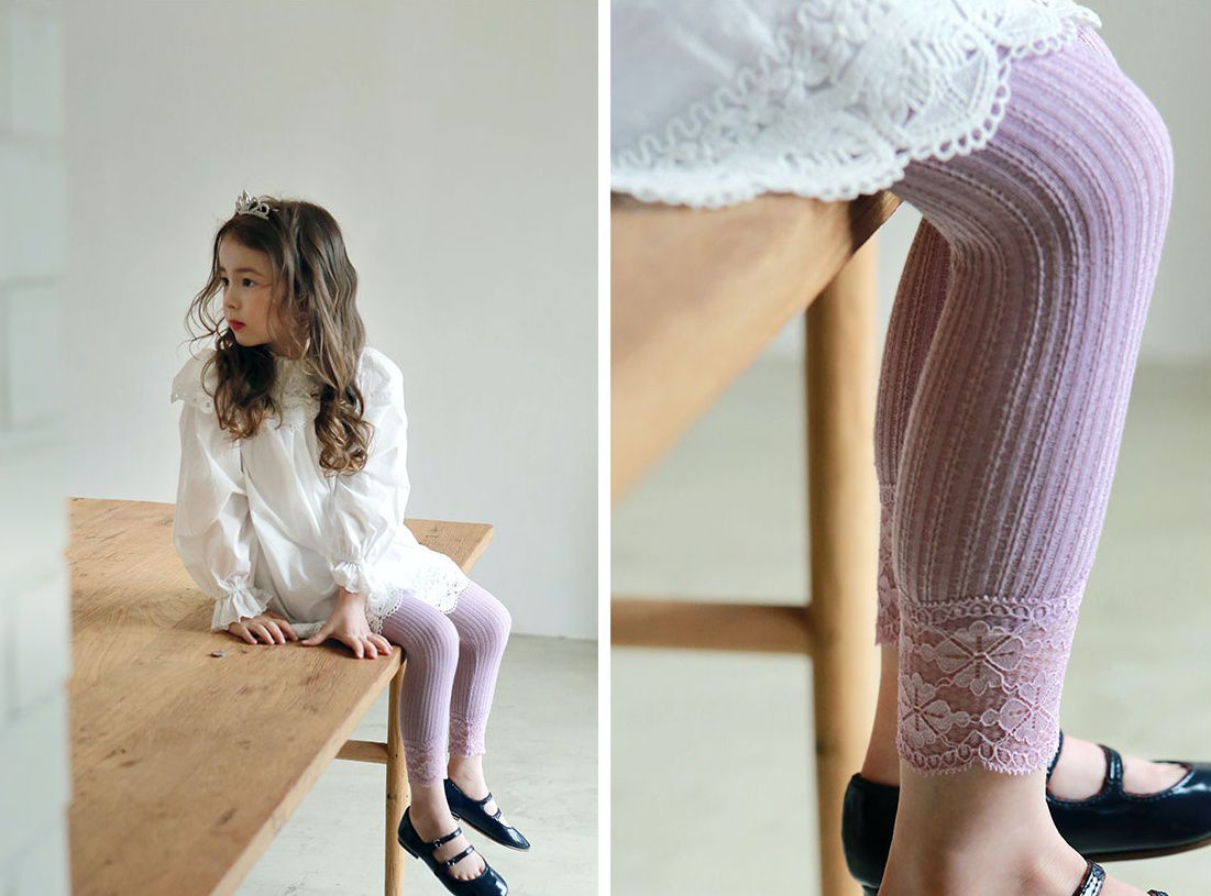 韓國 PuellaFLO - 蕾絲花瓣針織薄內搭褲-紫