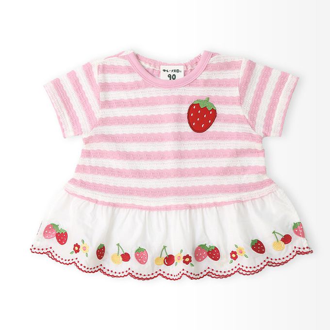 日本 ZOOLAND - 甜蜜草莓緹花條紋可愛刺繡上衣-紅