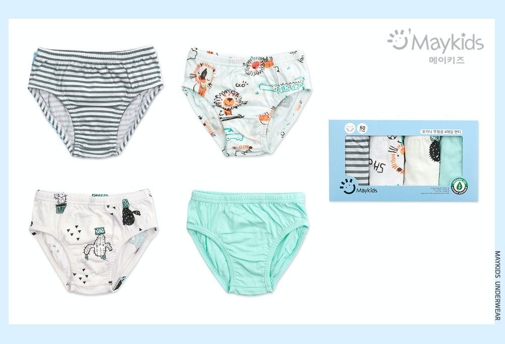 韓國 Maykids - 有機棉男寶三角褲四入組-動物仙人掌