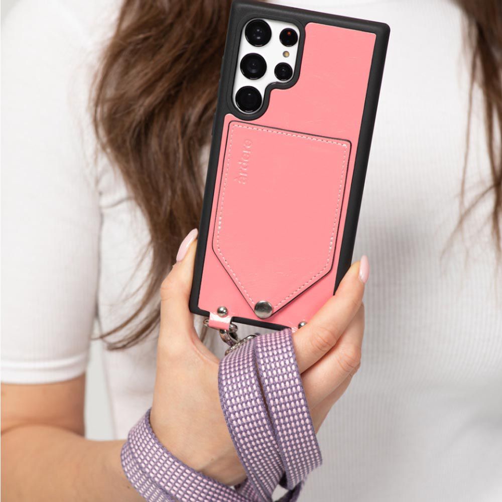 韓國 ARDERE - 卡夾式手工牛皮時尚手機殼(附背繩)-珊瑚粉 (iPhone 13 Pro Max)