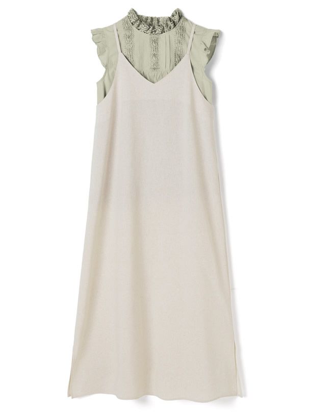 日本 GRL - 荷葉袖無袖上衣 X 細肩帶吊帶裙套裝-淺綠X米白