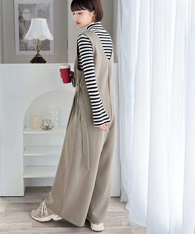 日本 Classical Elf - 前後穿V領垂墜感綁腰休閒寬褲-黑