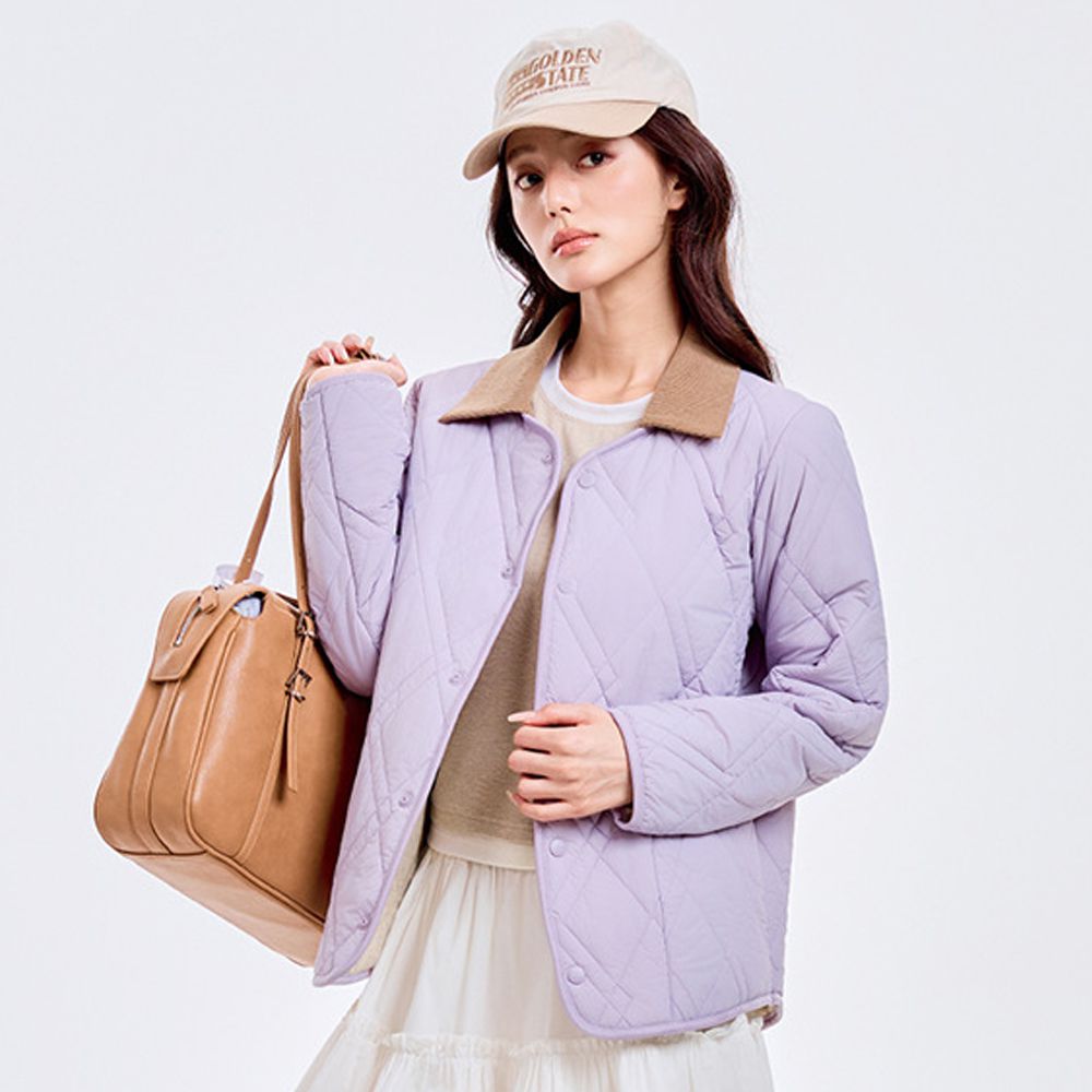 輕暖 2WAY可拆式翻領 羊毛鋪棉絎縫外套-女款-紫羅蘭
