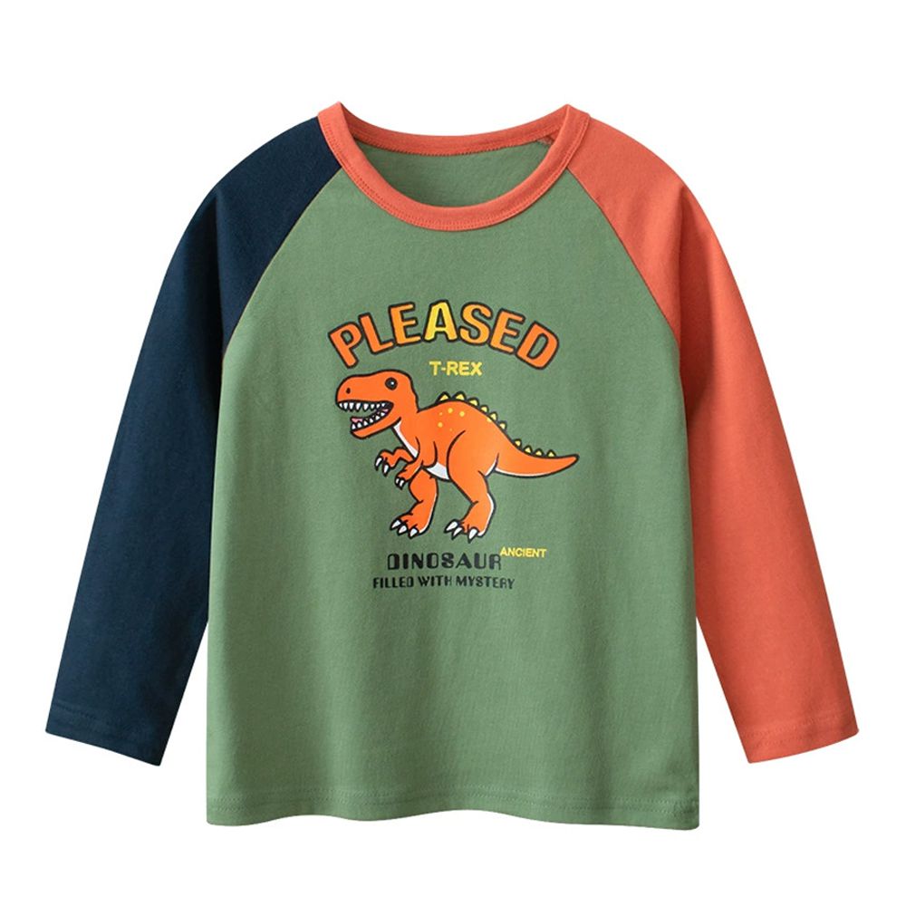 純棉長袖上衣-歡樂暴龍-撞色綠