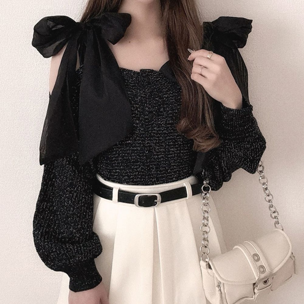 浪漫露肩蝴蝶結寬袖針織開襟衫-黑 (F)