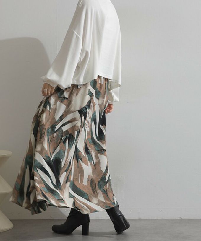 日本 Lupilien - 油畫線條感印花飄逸長裙(附口袋)-綠棕系