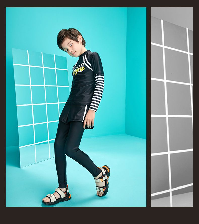 男寶運動風長袖泳衣套裝-HELLO-黑色