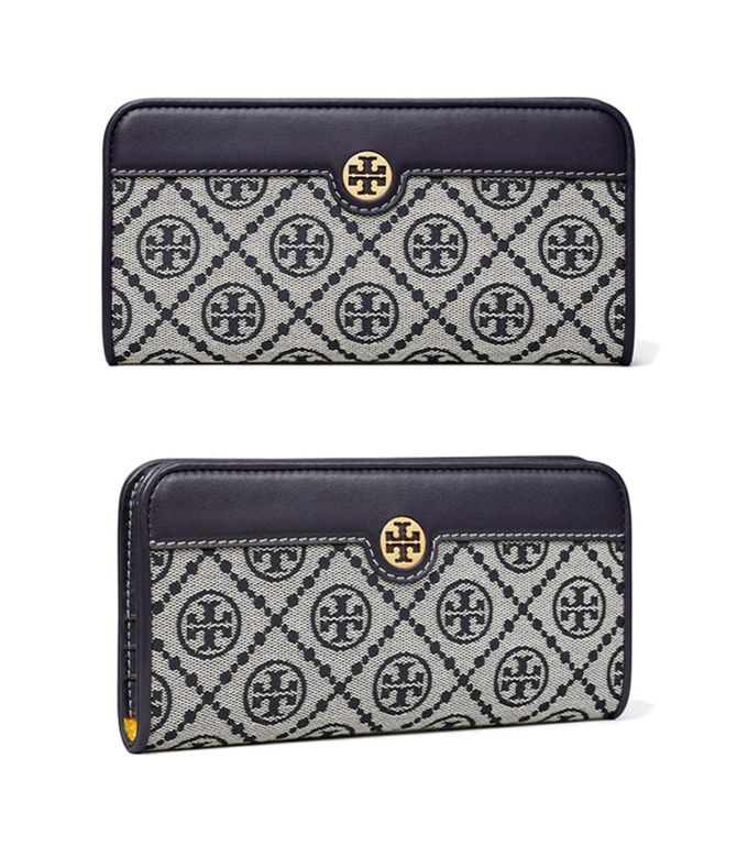 TORY BURCH - 雙T-LOGO提花拼接皮革拉鍊長夾 (深藍)