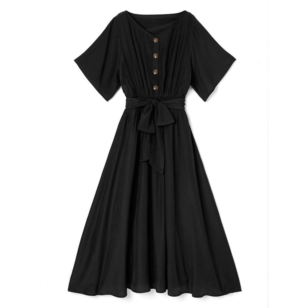 日本 GRL - 浪漫垂墜風排釦綁帶短袖洋裝-時尚黑