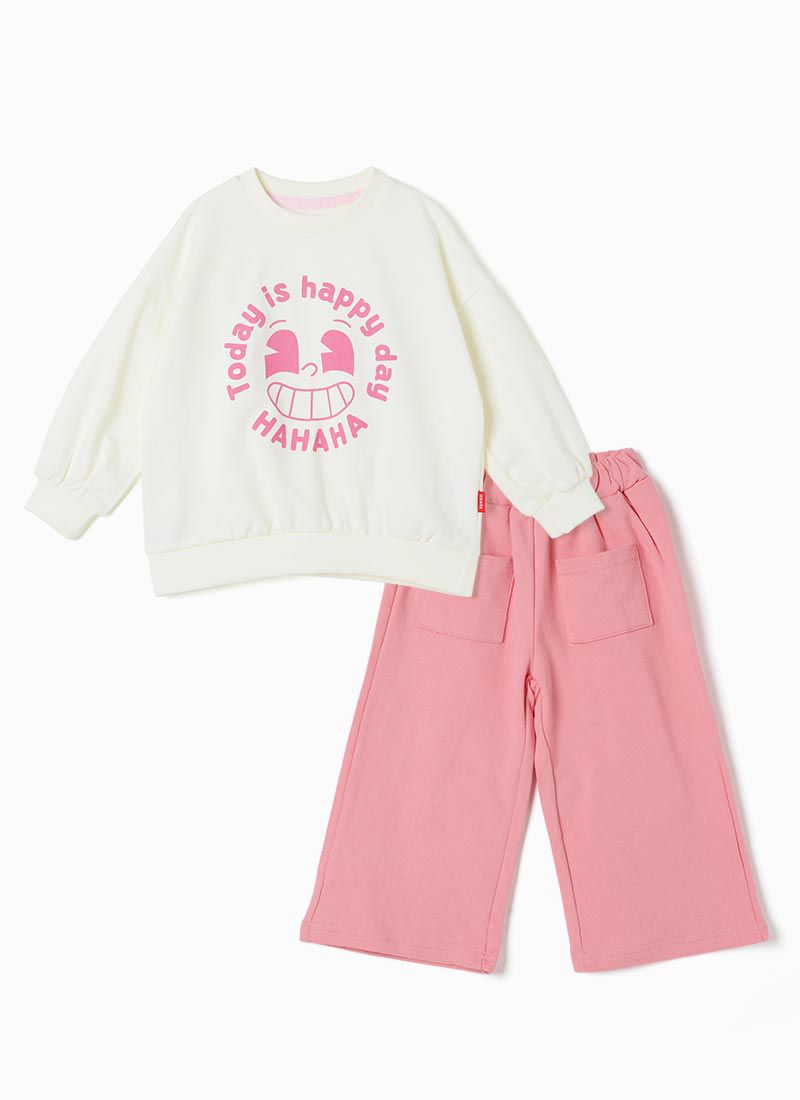 韓國 OZKIZ - HAHA笑臉休閒長袖寬褲套裝-米X粉