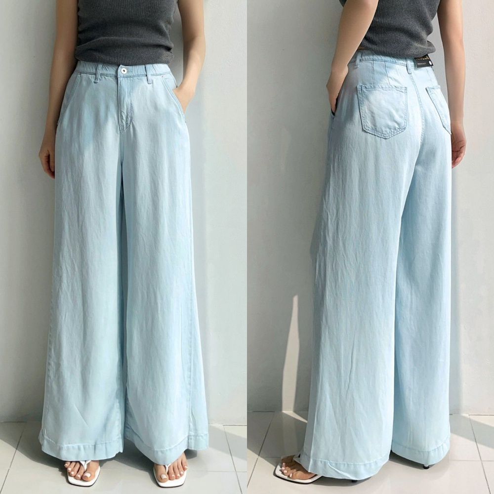 Howluk 鬆緊腰100%天絲柔軟寬鬆落地褲-淺藍