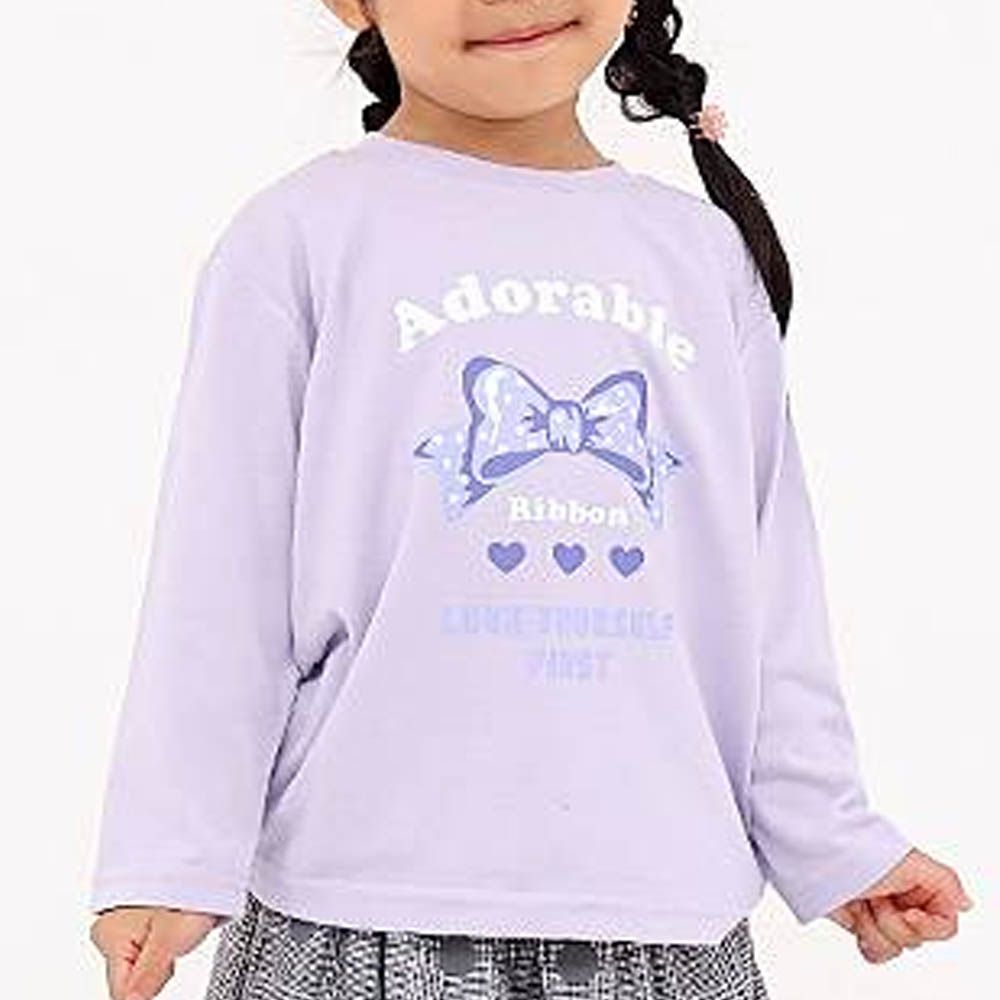 [推薦]定番印花薄長袖上衣-蝴蝶結-紫