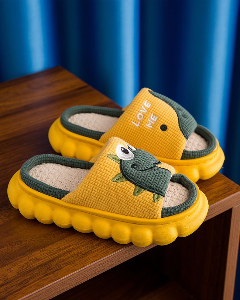 兒童室內厚底雅麻拖鞋-大眼睛恐龍-橘色
