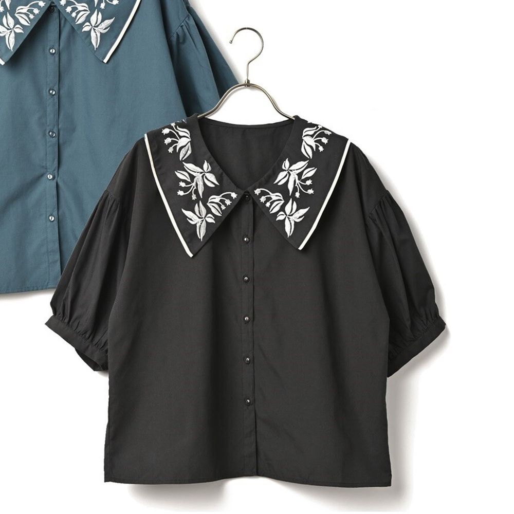 日本 ELENCARE DUE - 花草刺繡五分袖襯衫-黑