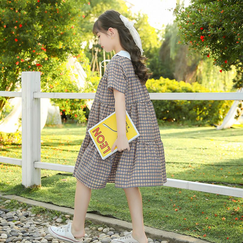 娃娃領短袖蛋糕裙洋裝-格紋-卡其+深藍