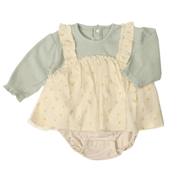 akachan honpo - 長袖外出包屁衣-胸下拼接-綠色