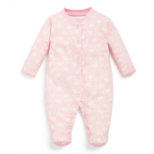 英國 JoJo Maman BeBe - 嬰幼兒長袖純棉包腳連身衣-粉紅大象