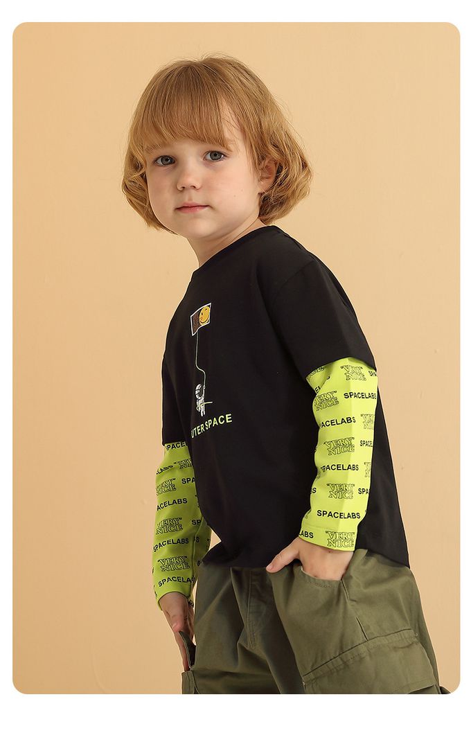 圓領假兩件長袖上衣-漂浮太空人-黑+螢光綠色