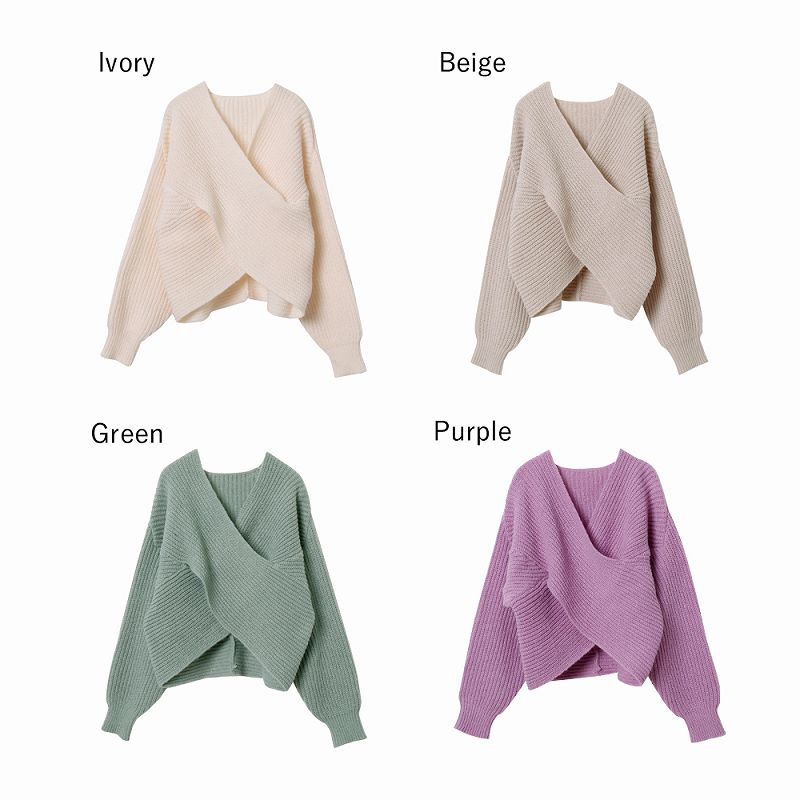 日本 Rejoule - 交叉V領坑羅紋針織毛衣-杏 (M(Free size))