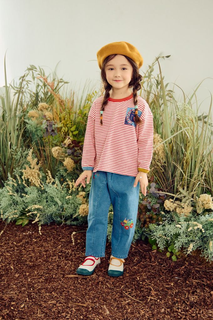 韓國 Mimico - 胸前童趣動物印橫紋長袖上衣-黑