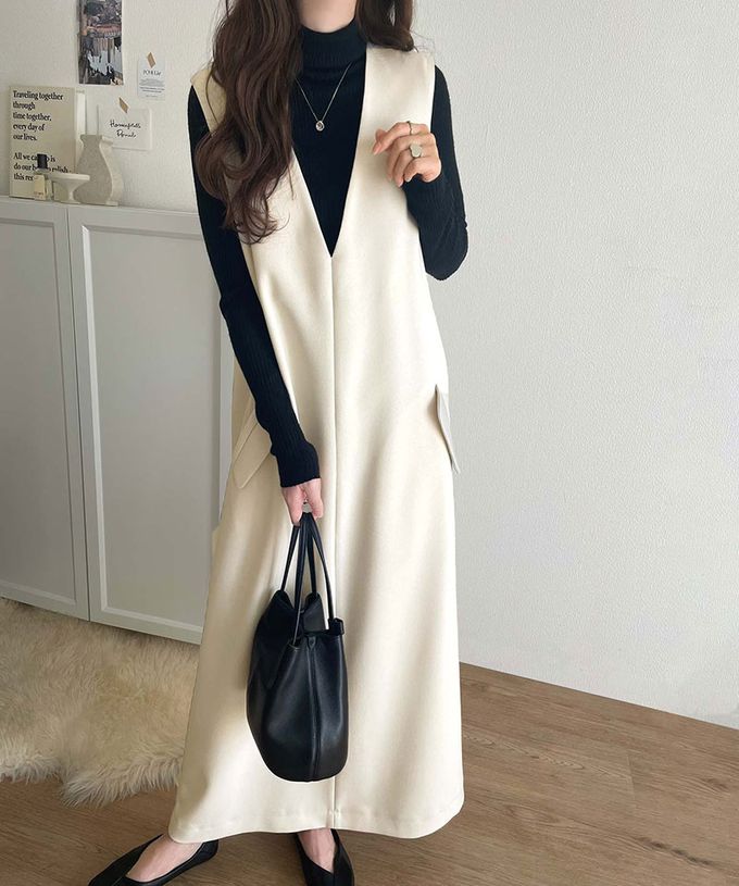 日本 Classical Elf - 簡約深V領氣質線條背心裙-黑