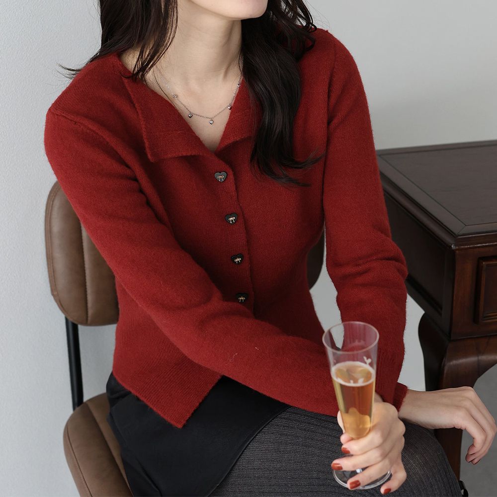 愛心蝴蝶結扣成熟甜美針織開襟衫-酒紅 (M)