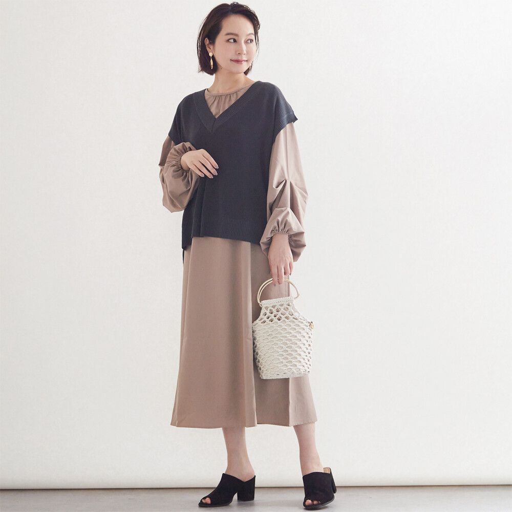 日本女裝代購 - 後綁帶V領落肩針織背心-橄欖綠