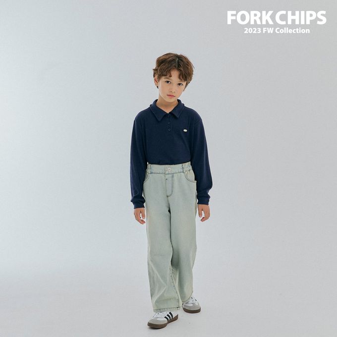 韓國 FORK CHIPS - 金屬裝飾直坑條翻領長袖上衣-深藍