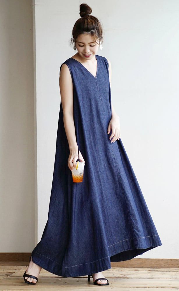 日本 zootie - 透氣丹寧V領無袖洋裝/背心裙-靛藍