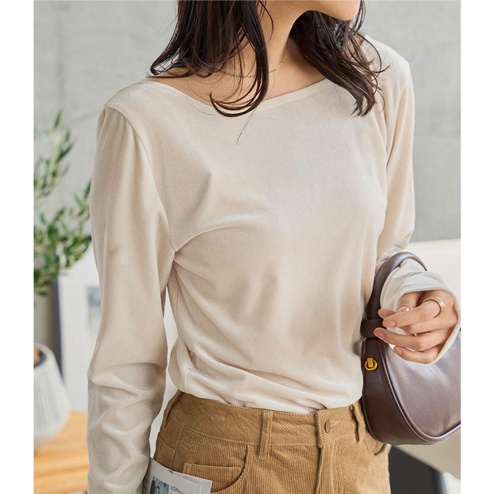 華麗天鵝絨露背合身長袖上衣-象牙