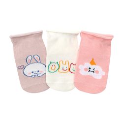 JoyNa - 3雙入-捲邊止滑襪 寶寶襪 學步襪 滿版大點膠-兔子雲朵組