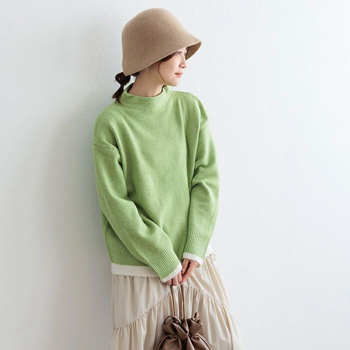 日本 ihuu - 下擺撞色立領針織毛衣-芥黃x杏