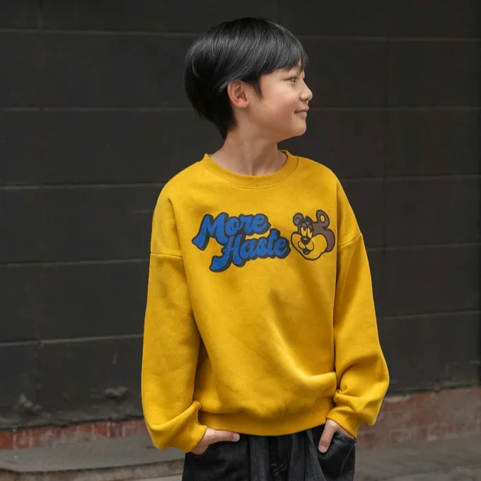 日本 BRANSHES - 裏起毛 舒適縮口長袖上衣-小熊-芥黃