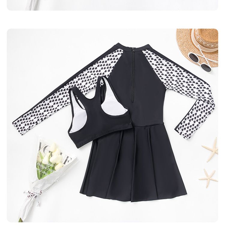 大童女孩運動風長袖連身裙泳衣-滿版星星袖-黑色