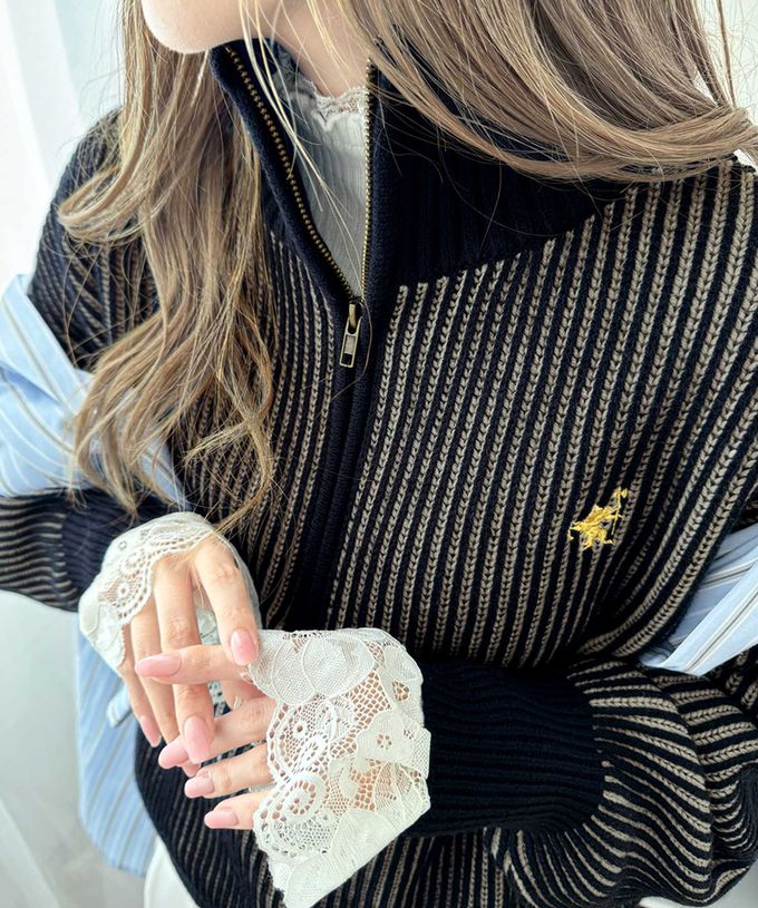 日本 Classical Elf - 半拉鍊線條感 logo刺繡配色針織衫-米x藍