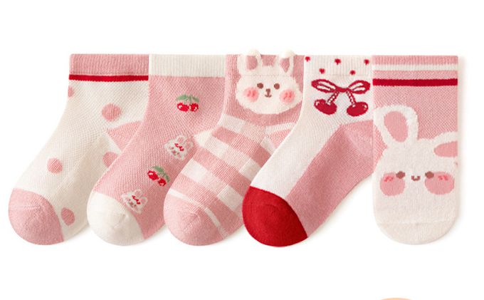 腮紅小兔櫻桃網眼短筒棉襪