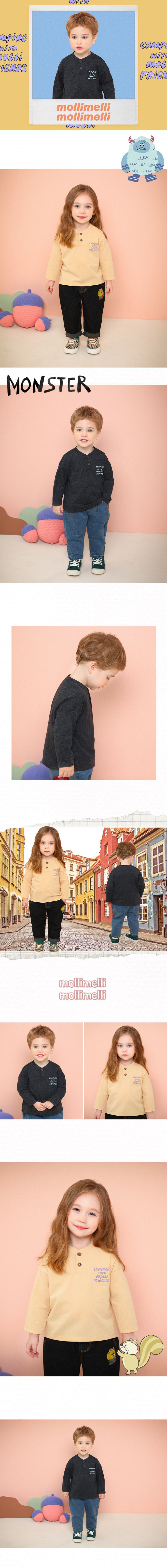 韓國 mollimelli - 文字點綴圓領鈕扣長袖上衣-深灰