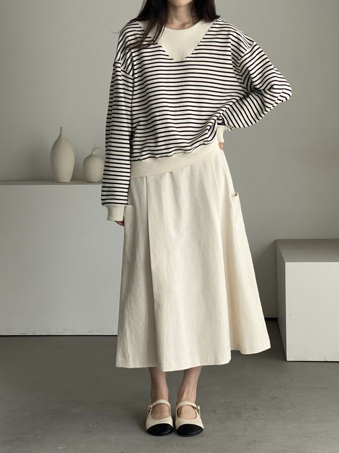 韓國女裝連線 - 假兩件細條紋長袖大學T-米X黑 (FREE)