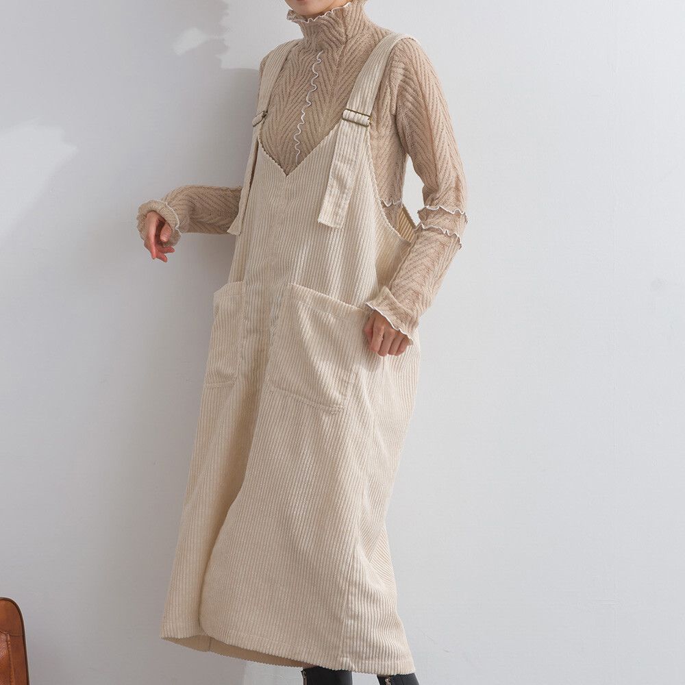 可愛厚實燈芯絨開叉吊帶裙-象牙