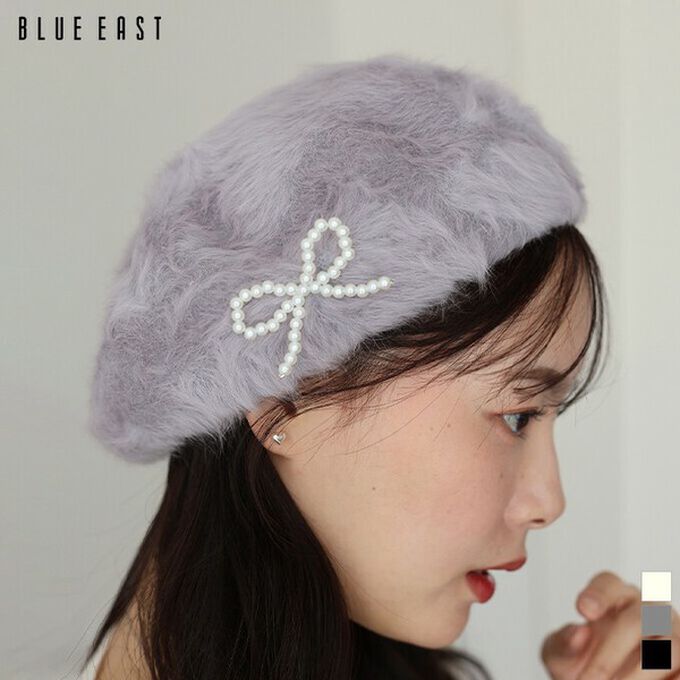 日本 BLUE EAST - 毛絨感珍珠裝飾美型貝蕾帽-灰
