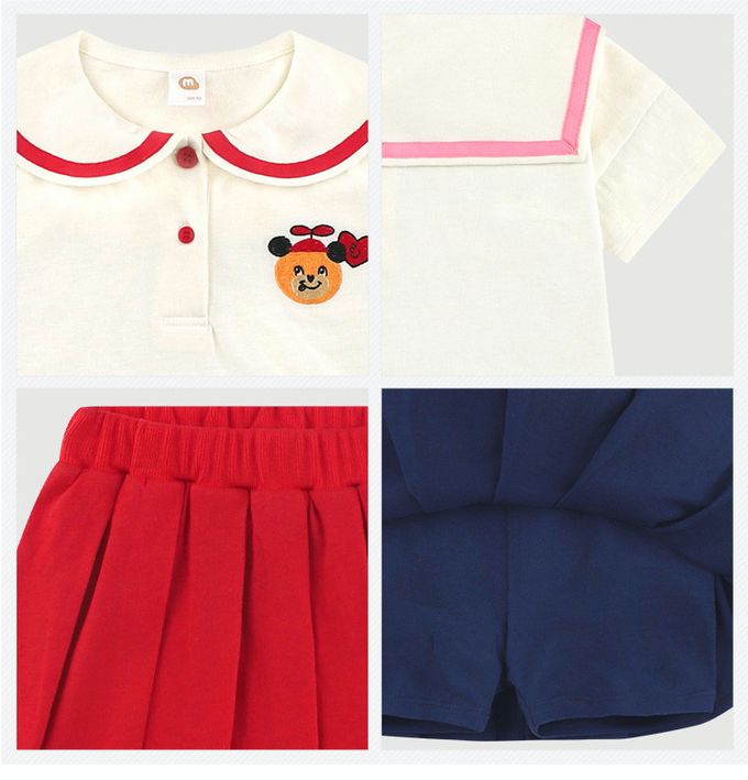 韓國 milk mile - 俏皮小熊印翻領百褶裙套裝-米白X紅