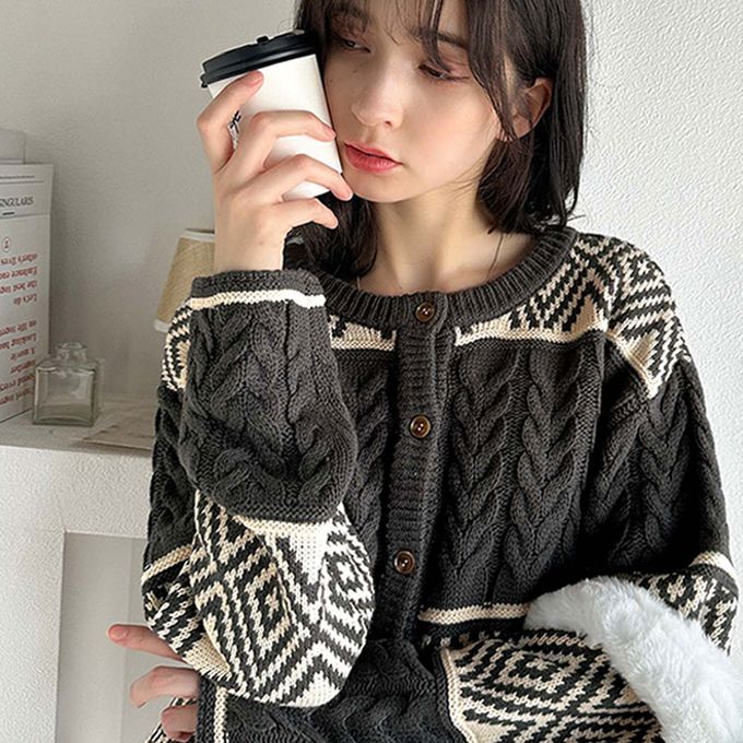 日本 Classical Elf - mily bilet 復古風北歐圖騰2way針織毛衣-藍