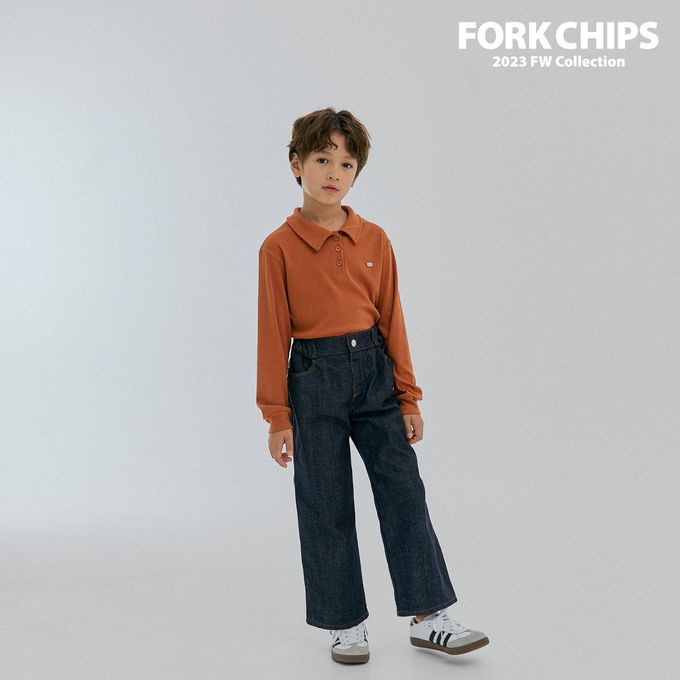 韓國 FORK CHIPS - 金屬裝飾直坑條翻領長袖上衣-磚紅