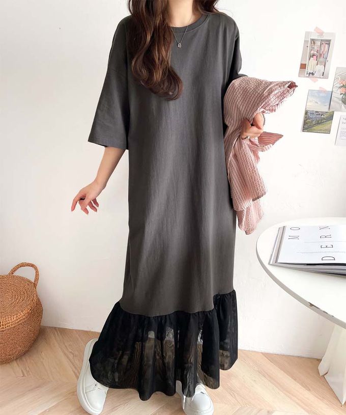 日本 Classical Elf - 飄逸下擺薄紗休閒短袖洋裝-炭灰