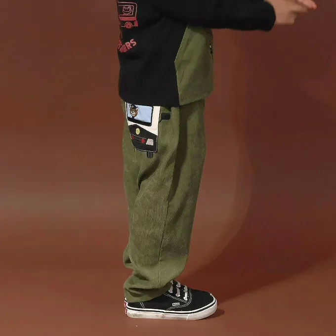 日本 ZOOLAND - 熊熊救援隊 燈芯絨車車口袋長褲-消防車-藍