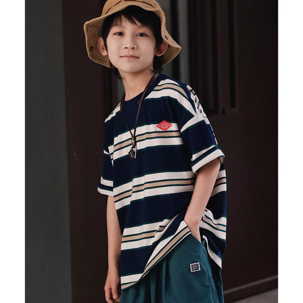 純棉圓領短袖上衣-百搭條紋-藏青